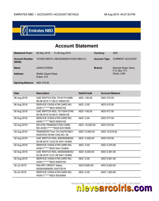 UAE Dubai Emirates NBD bank proof of address statement in Word and PDF format